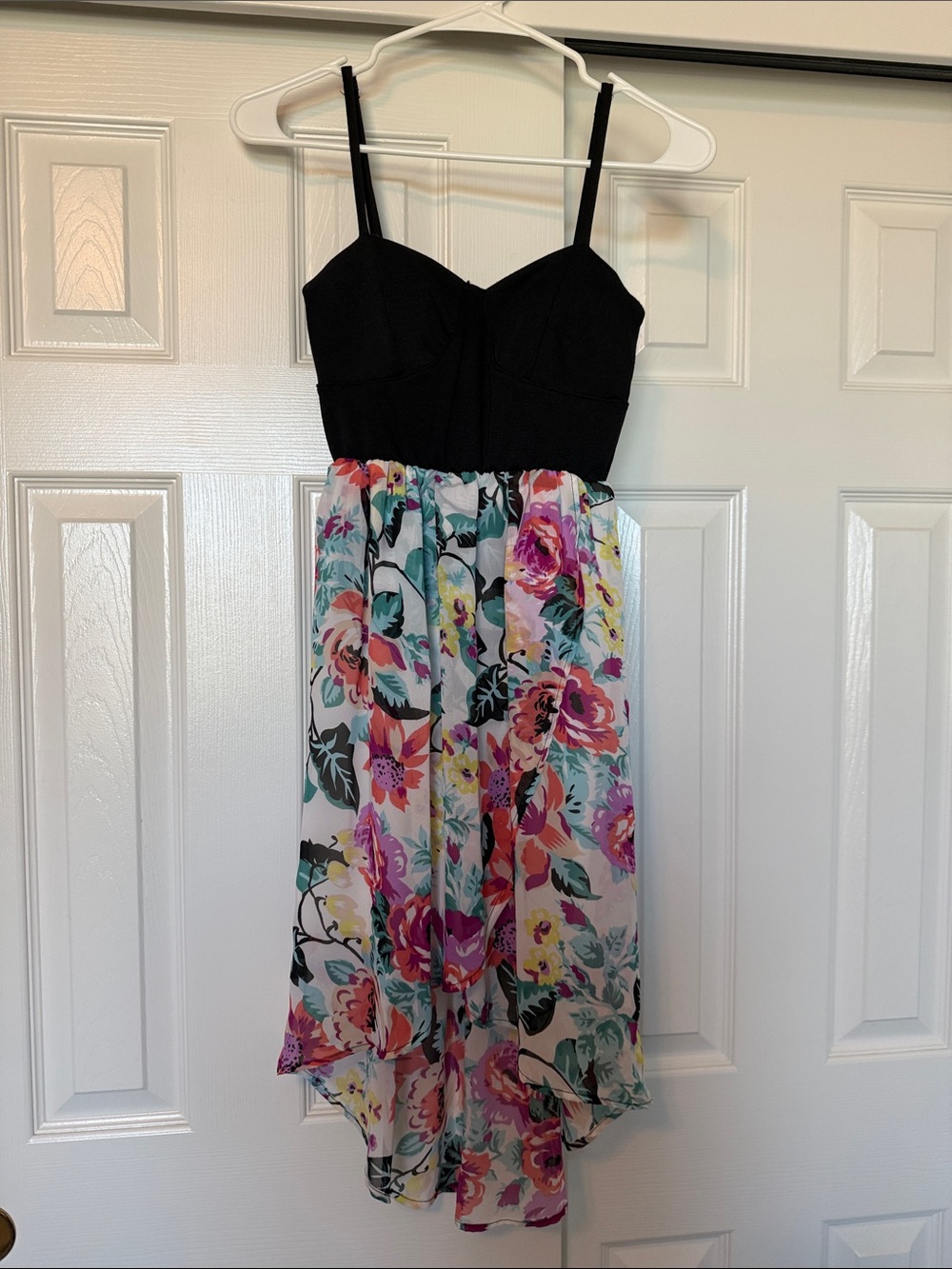 Full Tilt Black Bodice Floral Asymmetrical Dress